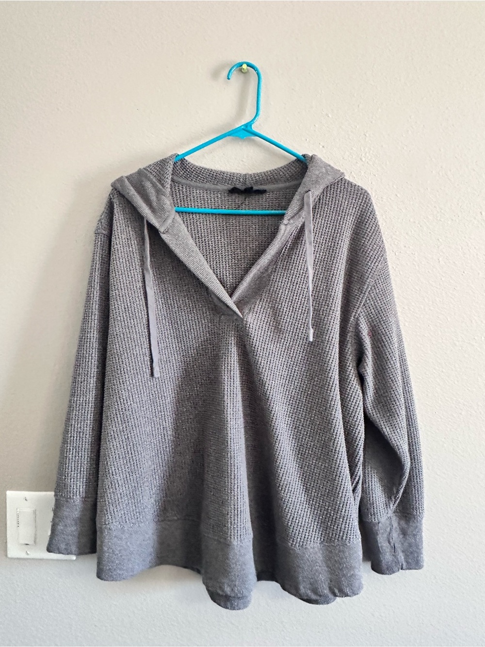 Gray Hooded Waffle Knit Pullover Sweater